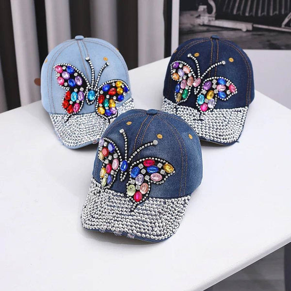 Fashionable And Versatile Outdoor Casual Baseball Cap With Colorful Diamond Inlay, Trendy Butterfly, Middle-Aged Duckbill Cap - MHMote