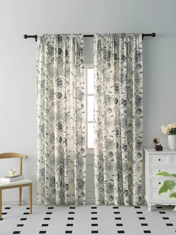 1PC 88 Inch Black Hydrangea Peony Print Rod Pocket Curtains for Kitchen Living Room Bedroom Decorative Curtains - MHMote