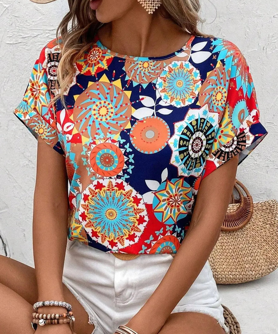 Elegant and fashionable versatile round neck printed short sleeved shirt for European and American women