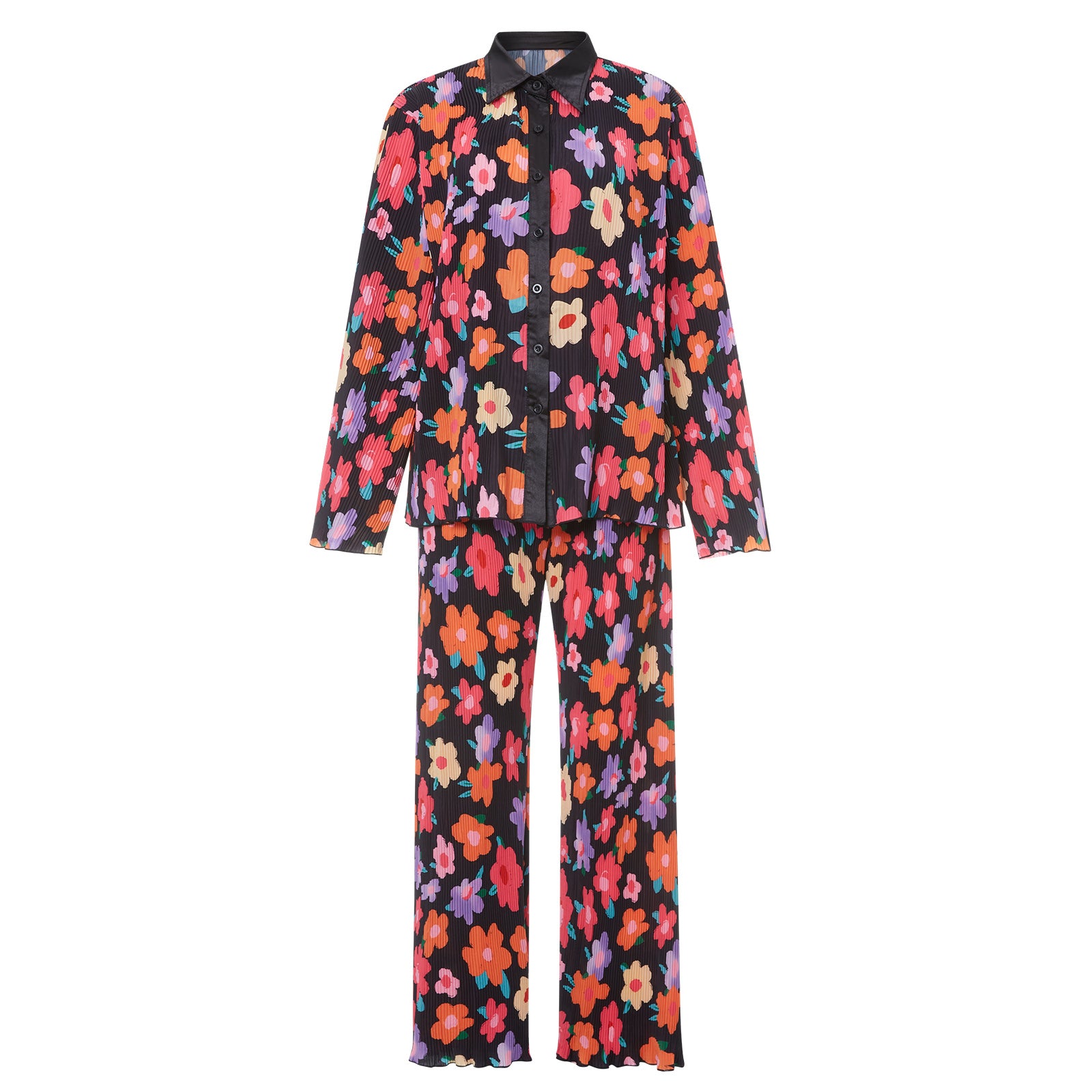 Todelte sett Dame Vår Høst Print Button Down Langermede Skjorter + Lange bukser med brede ben Kvinnelige Y2K Uformelle løse buksesett