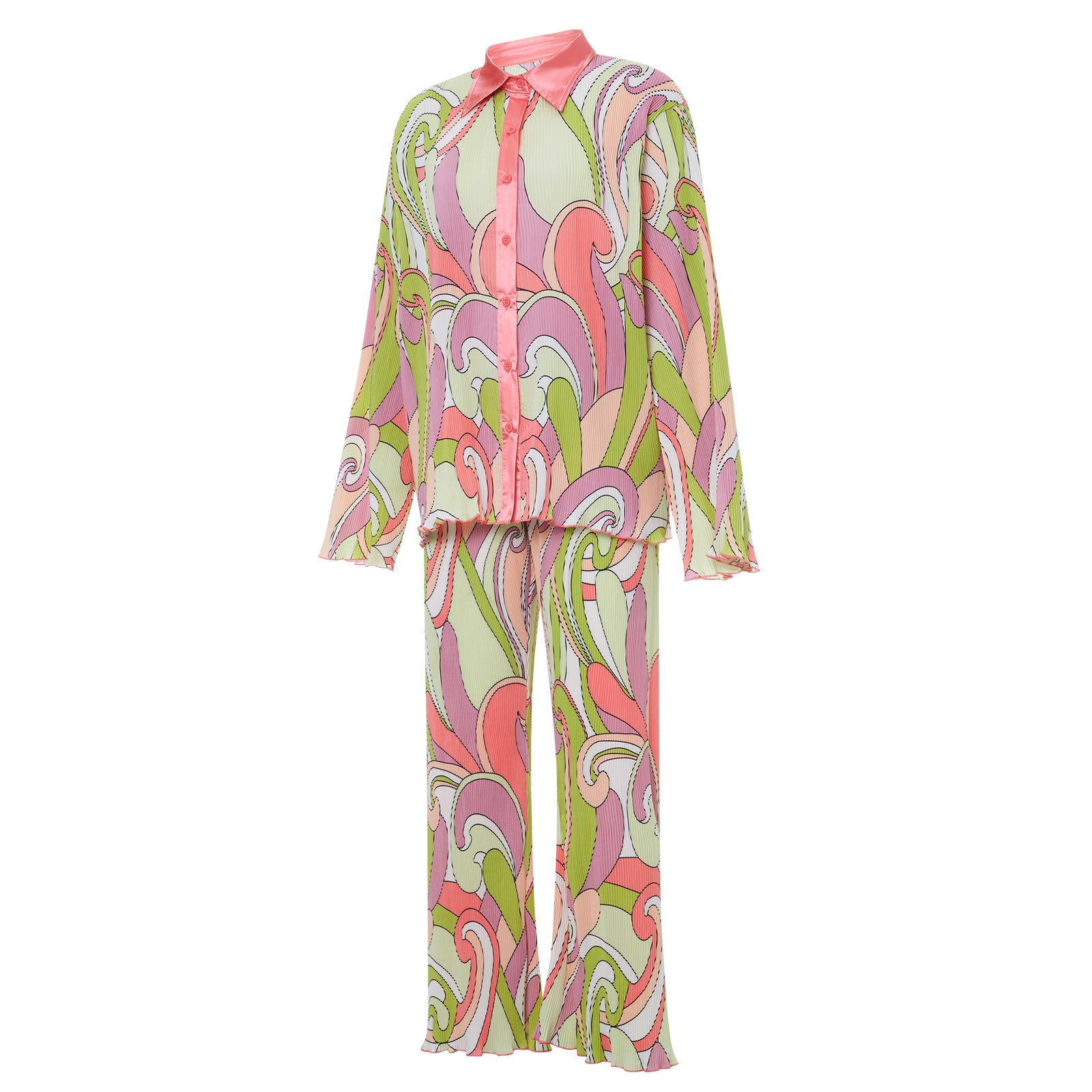 Todelte sett Dame Vår Høst Print Button Down Langermede Skjorter + Lange bukser med brede ben Kvinnelige Y2K Uformelle løse buksesett
