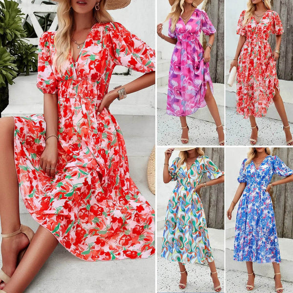 2025 Explosive New Summer Women's Dress Holiday Casual Print Waist V-neck Women's Short-sleeved Dress Women's Beach Dress - MHMote