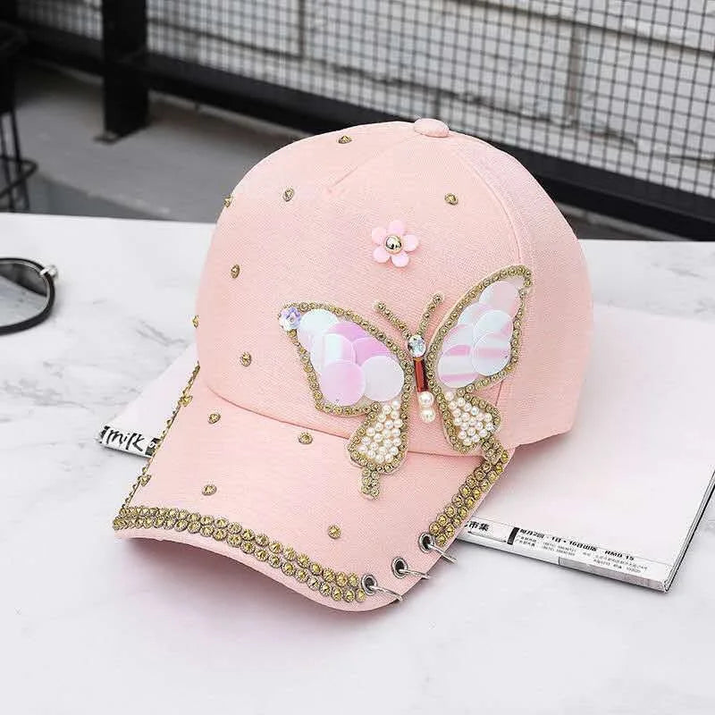 Paljett baseballcaps for kvinner Sommerfugl Kpop skinnende toppede capser sommer netting Justerbar utendørs reise solkrem solhatt kvinne