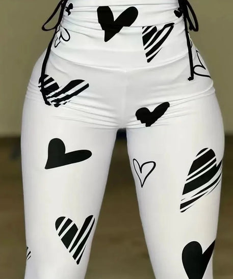 Daily Women Fashion Tights Pants Summer New Casual Heart Drawstring Printed Yoga Exercise Hip Lifting Leggings Women's Versatile