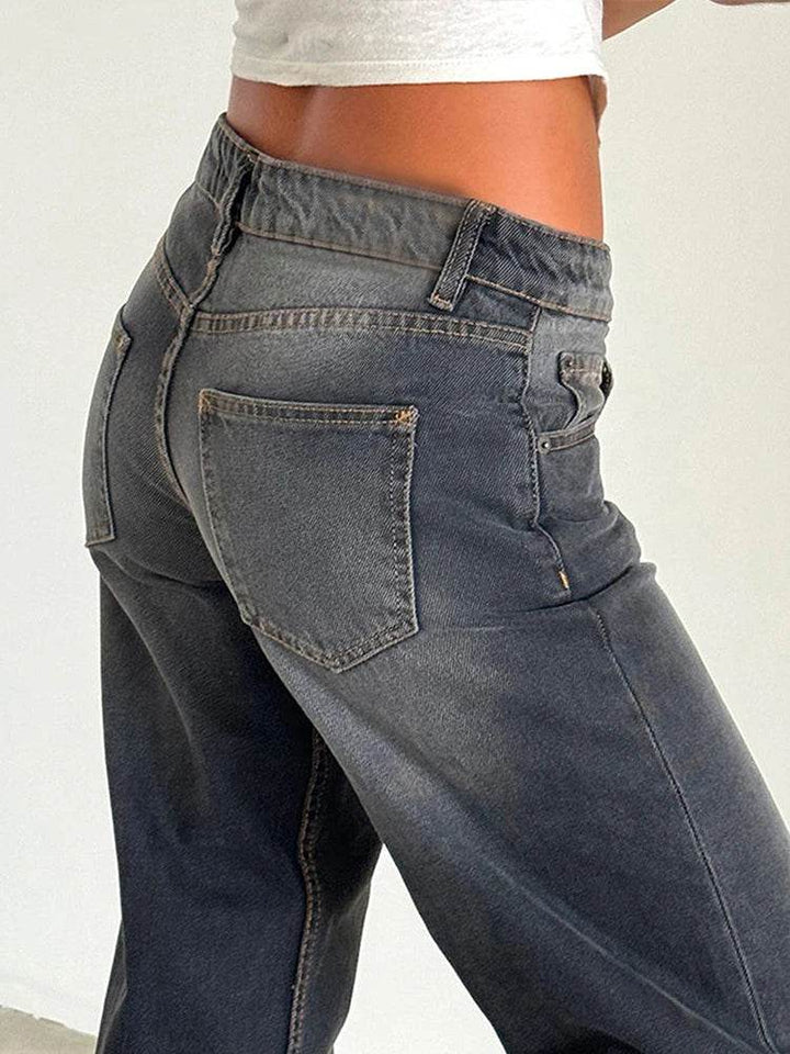 Straight-leg High Waist Jeans Women New Leg Pockets Pants Y2k Long Denim Trousers Vintage Grey Washed Jeans - MHMote