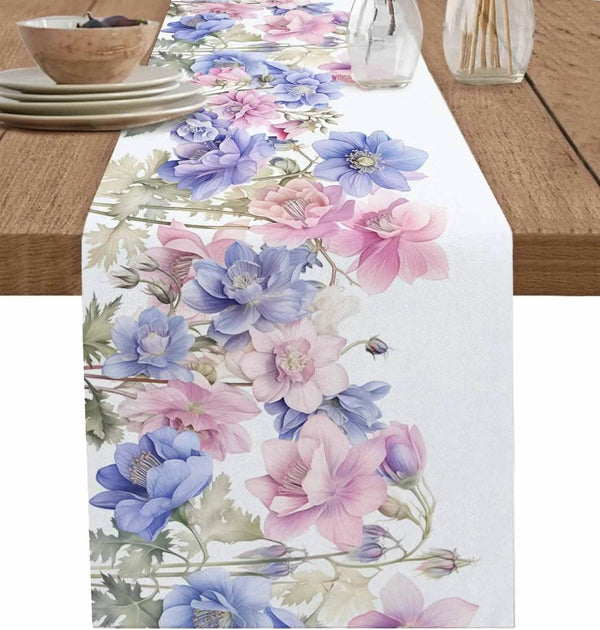 Spring Pink Blue Flowers Linen Table Runner Dresser Scarf Decor Summer Floral Botanical Table Runners Holiday Wdding Party Decor - MHMote