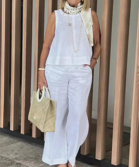 Simple Cotton Linen Women's Suits Summer Fashion Sleeveless Loose Blouse Wide Leg Pants Two Piece Set For Women Casual Outfits
