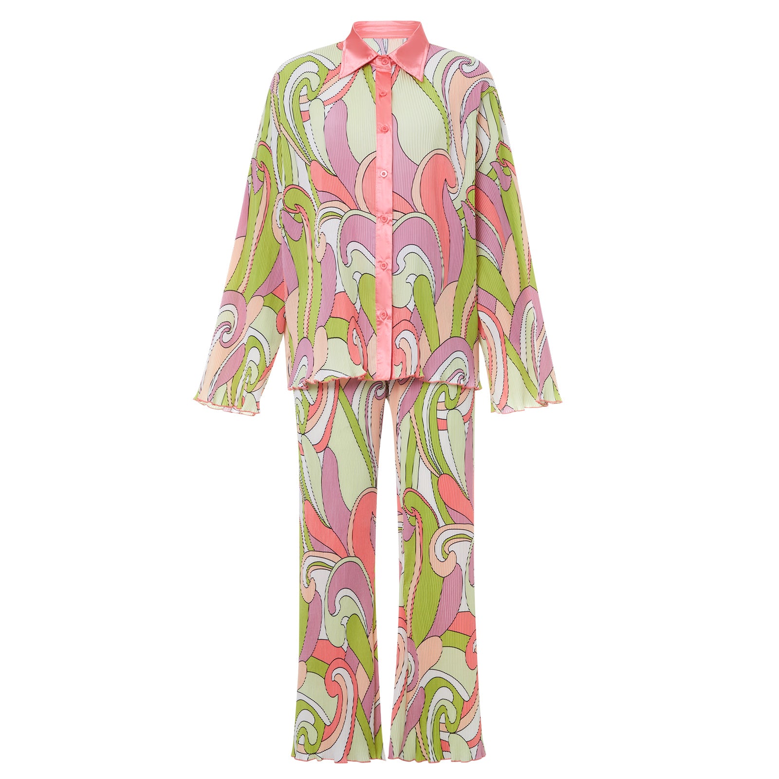 Todelte sett Dame Vår Høst Print Button Down Langermede Skjorter + Lange bukser med brede ben Kvinnelige Y2K Uformelle løse buksesett