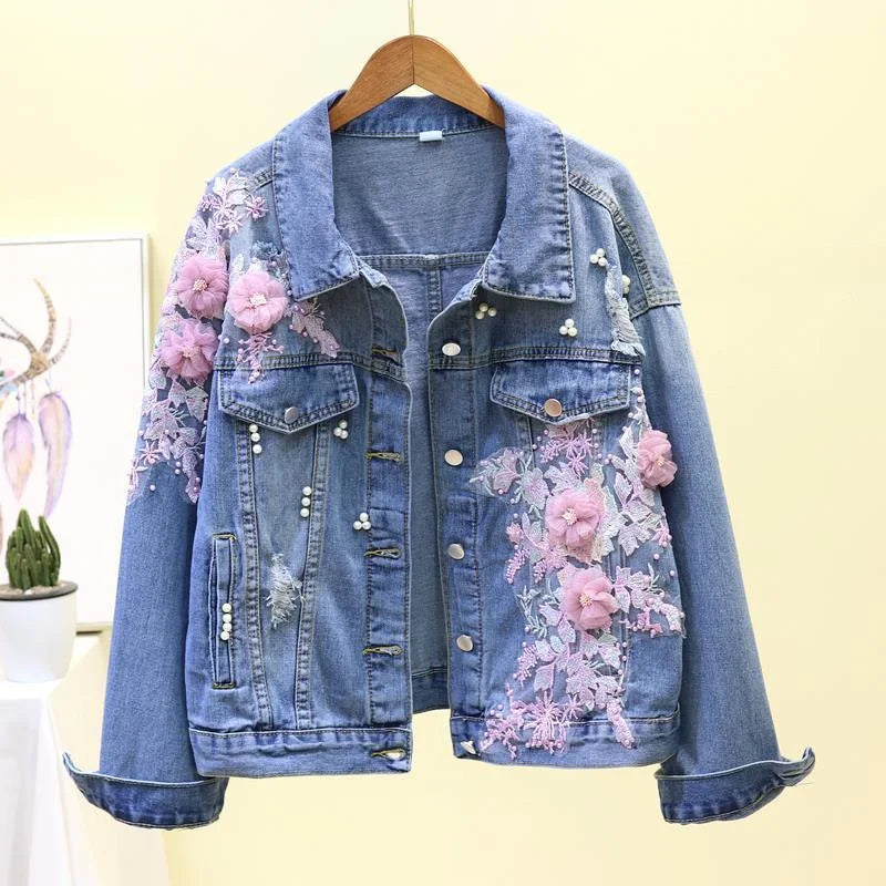 Ny broderi denim kort jakke Kvinner Vår Høst Applikasjon Diamanthull Kåpe Løse Overdeler Student Jean Yttertøy Jakker
