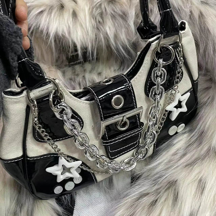 Women Bag New Fashion PU Canvas Chains Shoulder Bag Handbag Y2K Dark Style Girls Bag Office Lady - MHMote