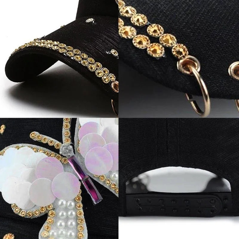 Paljett baseballcaps for kvinner Sommerfugl Kpop skinnende toppede capser sommer netting Justerbar utendørs reise solkrem solhatt kvinne