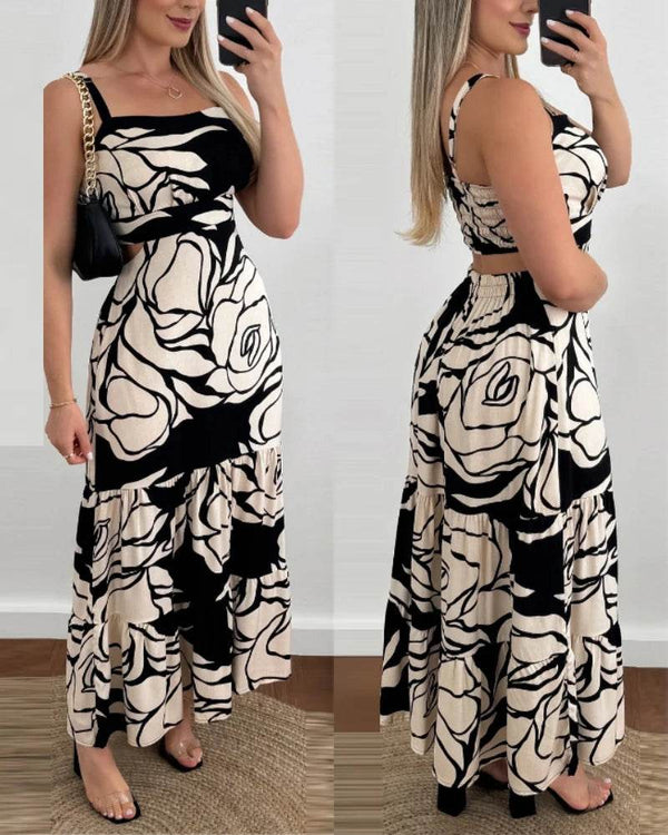 2025 Spring Floral Print Square Neck Sleeveless Backless Dress Casual A Line Maxi Dress - MHMote