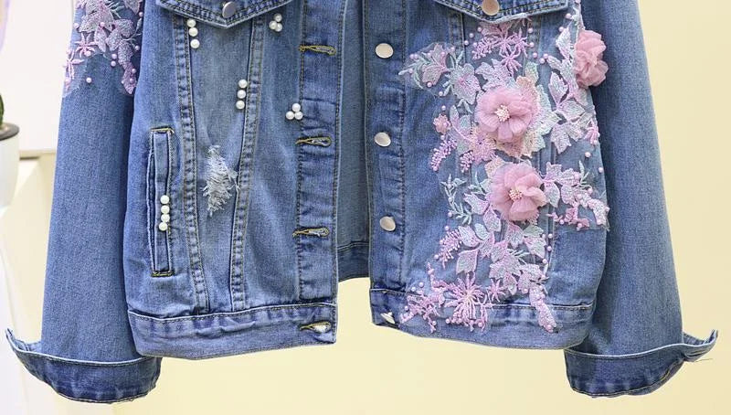 Ny broderi denim kort jakke Kvinner Vår Høst Applikasjon Diamanthull Kåpe Løse Overdeler Student Jean Yttertøy Jakker