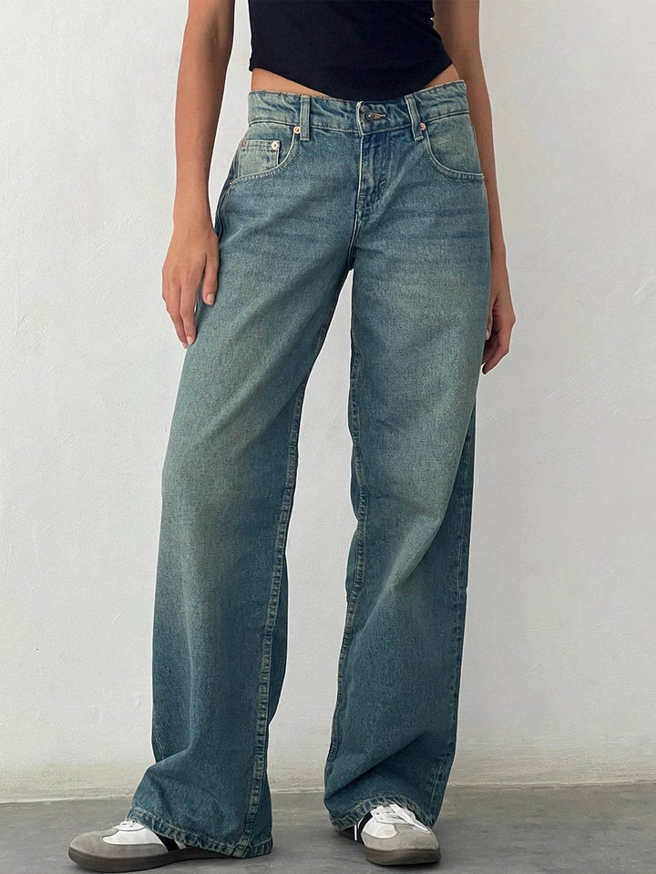 Straight-leg High Waist Jeans Women New Leg Pockets Pants Y2k Long Denim Trousers Vintage Grey Washed Jeans - MHMote