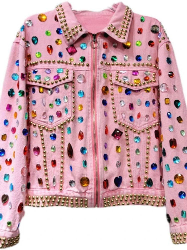 Women Rainbow Diamonds Beaded Pink Denim Coat Loose Rhinestones Jeans Jacket Long Sleeve Crystal Cowboy Cardigan Rivets Tops - MHMote