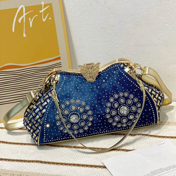 Diamond Denim Women Purses and Handbags with Shiny Rhinestone Jeans Crossbody Bag Shoulder Bag Evening Party Bag - MHMote