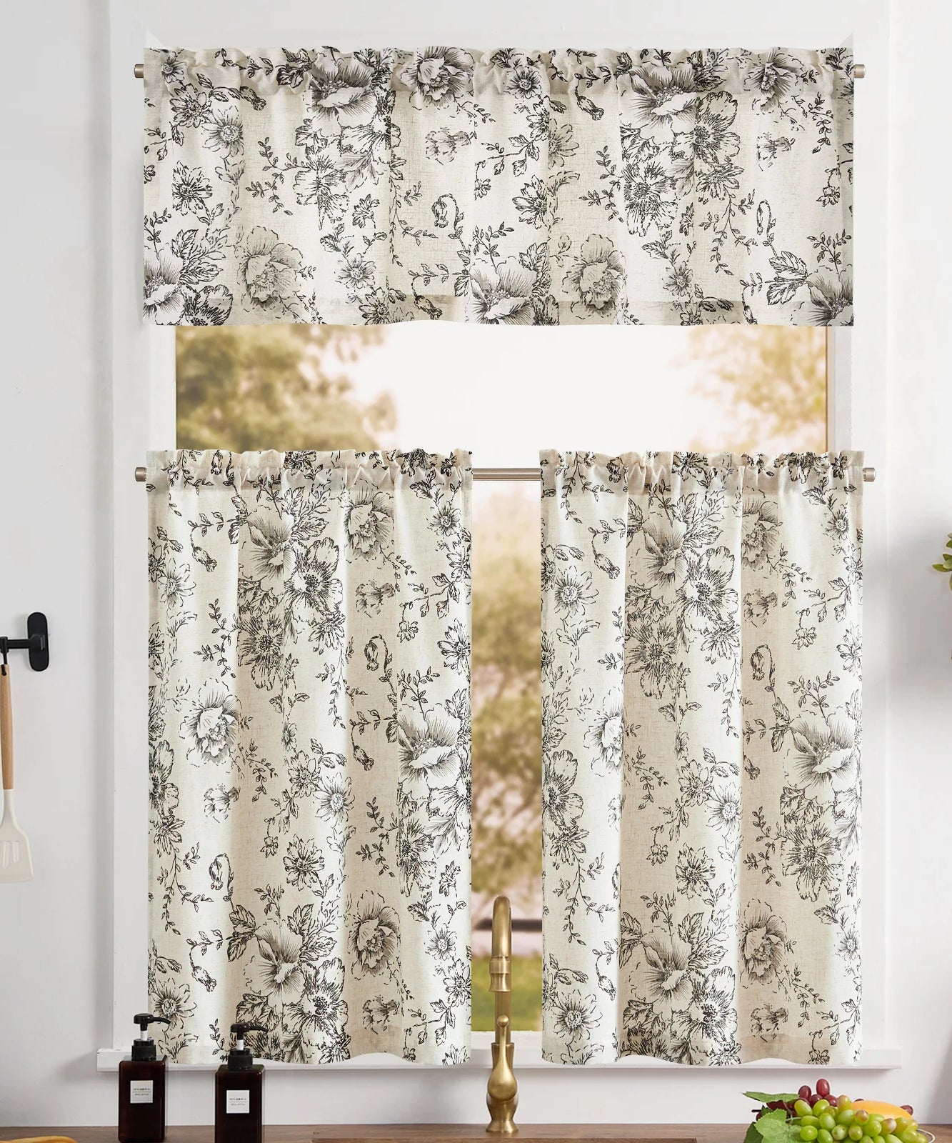 3 STK Sett Lin Tier Blomster Kjøkken Gardiner Og Valance Cafe Liten Vindu Gardin Til Stue Stang Lommegardiner