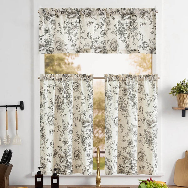 3PCS Set Linen Tier Floral Kitchen Curtains And Valance Cafe Small Window Curtain For Living Room Rod Pocket Drapes - MHMote