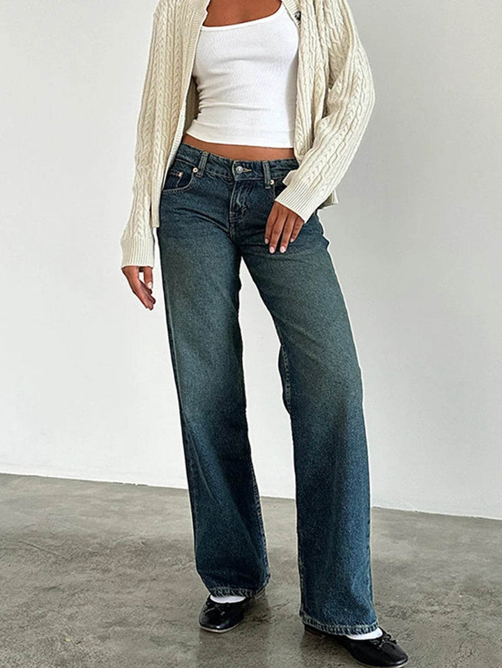 Straight-leg High Waist Jeans Women New Leg Pockets Pants Y2k Long Denim Trousers Vintage Grey Washed Jeans - MHMote