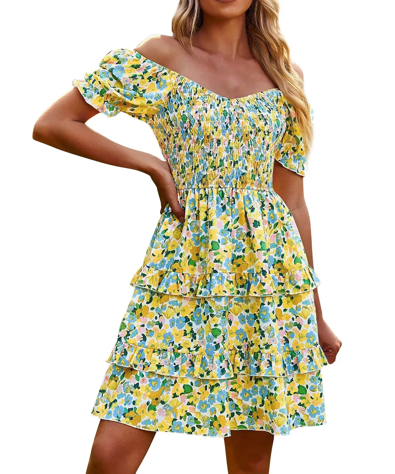 Floral Print Dresses For Women Sexy Off Shoulder Summer Pleated Short Sleeve Dress Slim Pleated Ruffles Layer Sundress платье