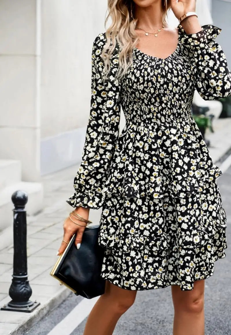 Fransk Elegant Damekjole Høst Uformell Chiffon V-hals Høy midje Daglig Urban Elegant Blomstertrykt Langermet A-linjekjole