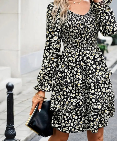 French Elegant Women's Dress Autumn Casual Chiffon V-Neck High Waist Daily Urban Elegant Floral Printed Long Sleeve A-Line Dress