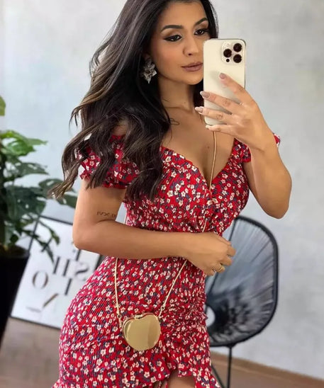 Slim Mini Floral Dress Women Sexy V-neck Backless Ruffles One Shoulder Dresses Female Fashion Commuting Clothing