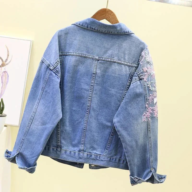 Ny broderi denim kort jakke Kvinner Vår Høst Applikasjon Diamanthull Kåpe Løse Overdeler Student Jean Yttertøy Jakker