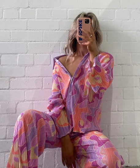 Two Piece Sets Women Spring Fall Print Button Down Long Sleeve Shirts + Wide Leg Long Pants Female Y2K Casual Loose Pant Sets