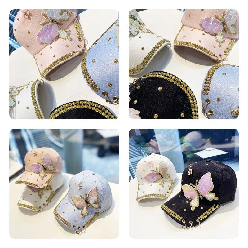 Paljett baseballcaps for kvinner Sommerfugl Kpop skinnende toppede capser sommer netting Justerbar utendørs reise solkrem solhatt kvinne