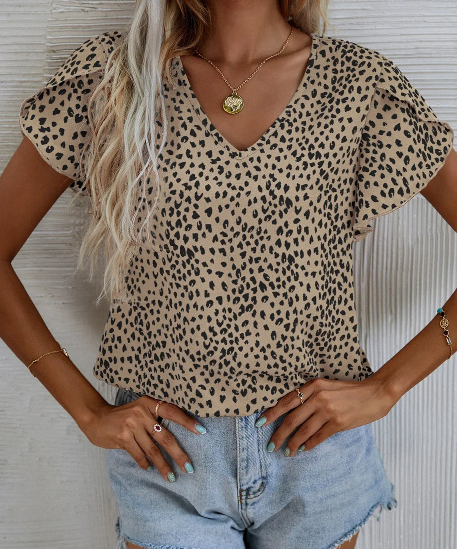 Stylish and elegant women's shirt small V-neck short sleeve petal sleeve pleated lace full body print woven casual