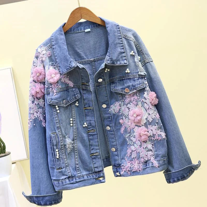 Ny broderi denim kort jakke Kvinner Vår Høst Applikasjon Diamanthull Kåpe Løse Overdeler Student Jean Yttertøy Jakker