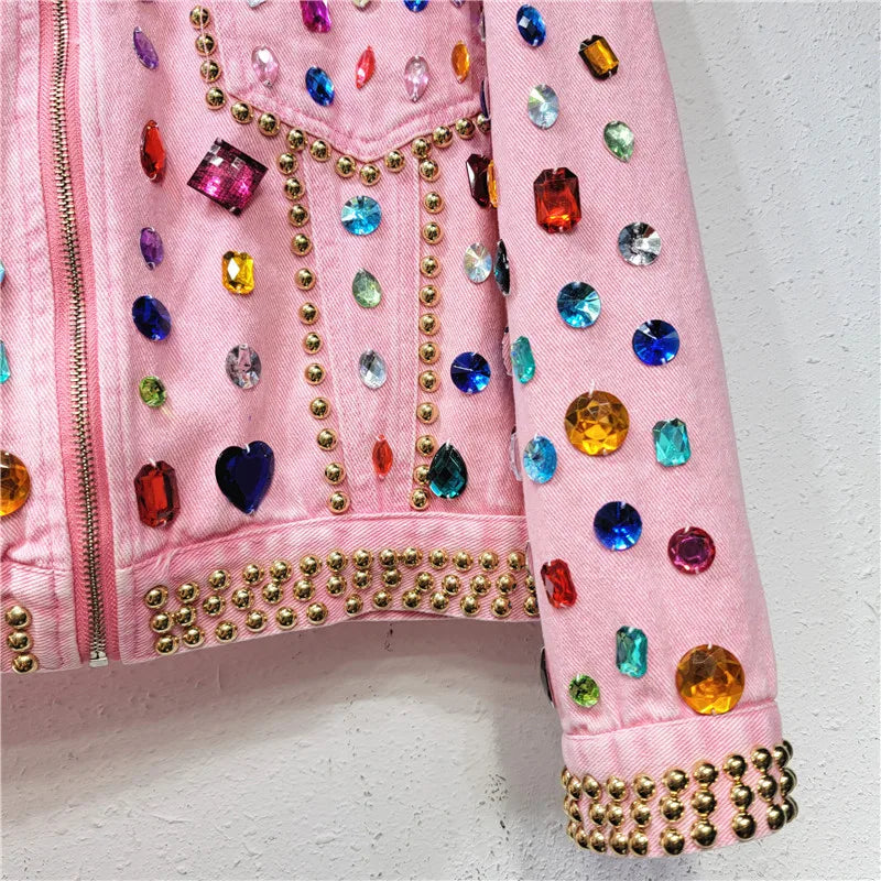Kvinner Regnbuediamanter Perlerrosa denimfrakk Løs Rhinestones Jeans Jakke Langermet Crystal Cowboy Cardigan Nagler Topper