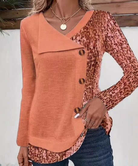 T shirt Women long sleeve thread pit strip printed V-neck button top t-shirt women tshirt ZC373