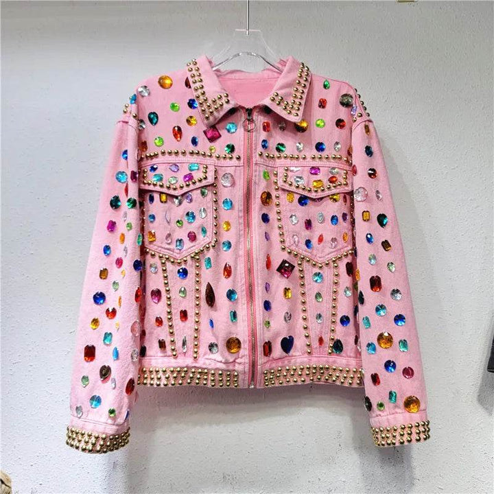 Women Rainbow Diamonds Beaded Pink Denim Coat Loose Rhinestones Jeans Jacket Long Sleeve Crystal Cowboy Cardigan Rivets Tops - MHMote