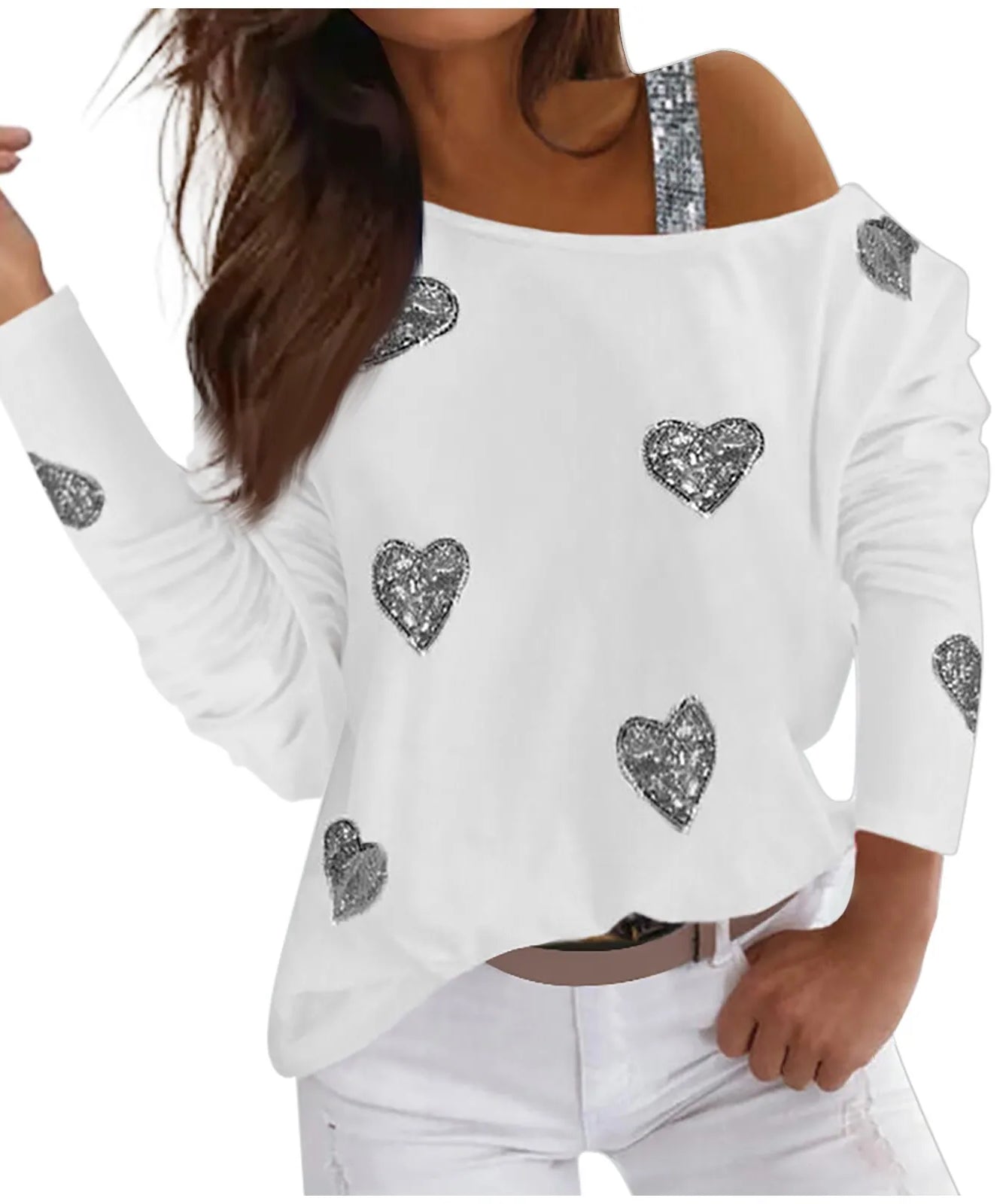 Mote Hjertetrykk T-skjorte Dame Vår Langermet Skje Krage Off Shoulder Topper T-skjorte Elegant Lady Diamond Pullover Topper