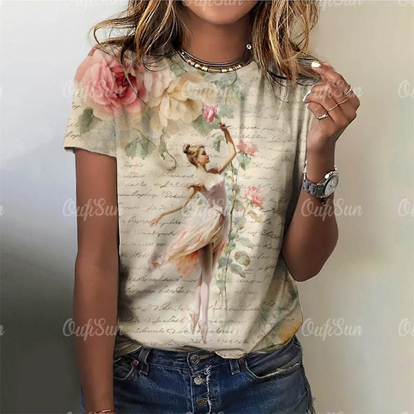 Ballet Dancer Print Vintage T shirt Elegance Women's T-shirts Pullover Casual Short Sleeves Tops Women Clothing Loose Streetwear - MHMote