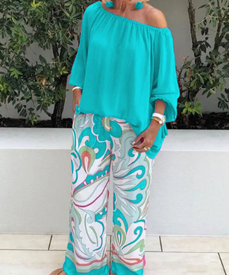 nåde sexy En skulder Løs Langermet T-skjortesett Dame Vår Høst Fritid Printed Wide Leg Bukser + skjorte Todelt