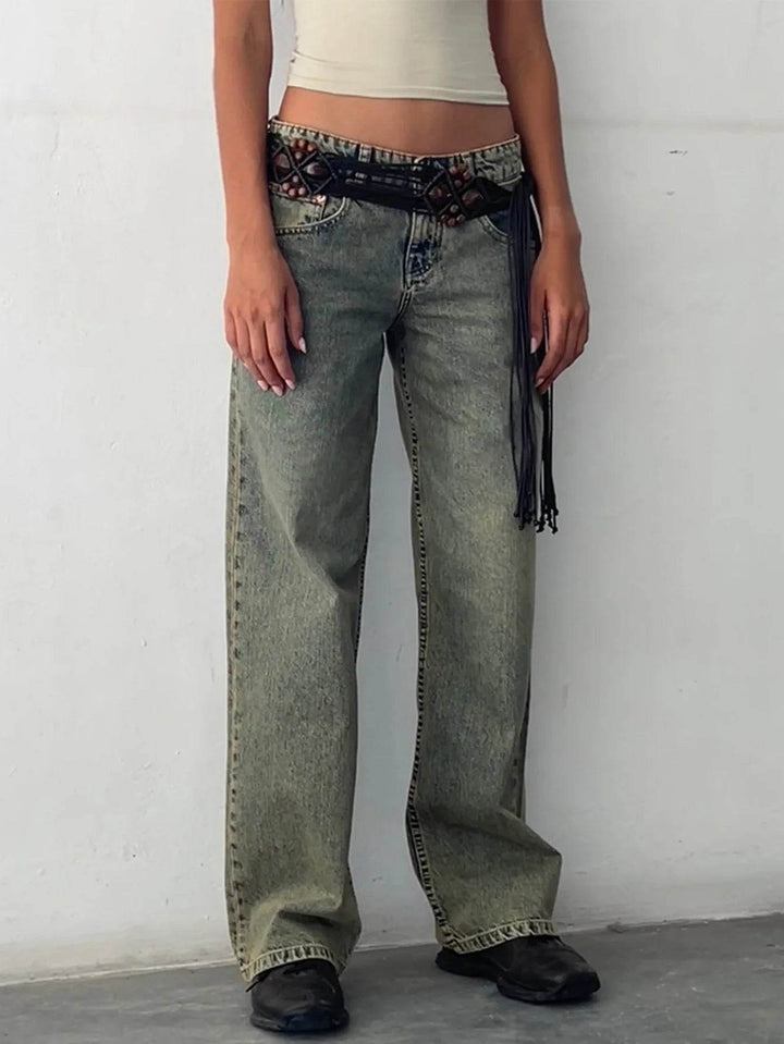 Jeans Women Denim Wide Leg Pant Floor Length Pants Splice Loose Casual Pockets High Waist Straight Trousers Autumn Winter - MHMote