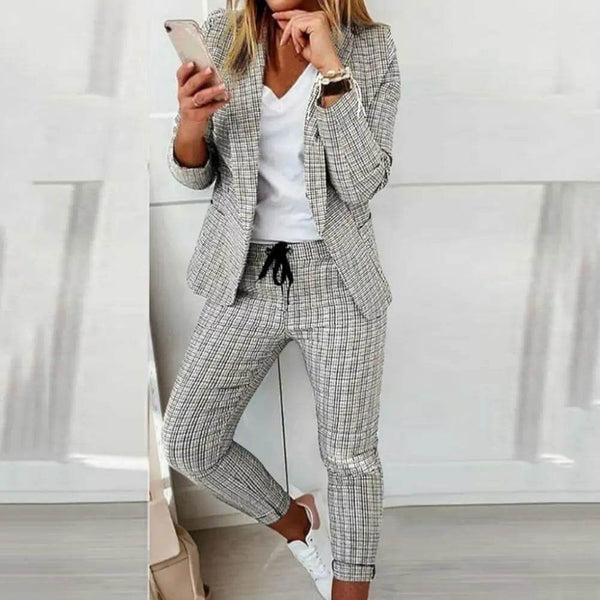 Lady Outfit Set Slim Fit Two-piece Open Stitch Women Blazer Pants Set OL Style Women Blazer Pants Set for Business Trip - MHMote