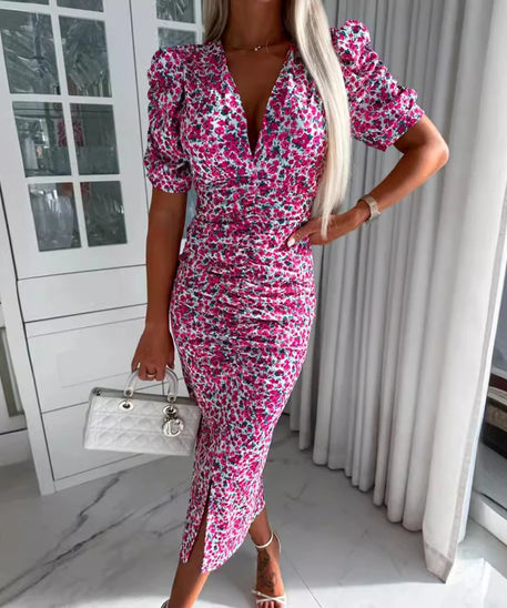 Floral Women Dress for 2024 Summer High Waisted Short Sleeve Slim Hip Dresses Fashion Female Clothing Vacation Beach Sundress