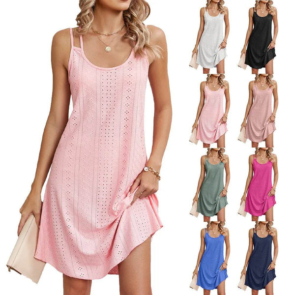 2025 Women Summer Dress Loose A-Line Dress Lady Casual Sleeveless Spaghetti Strap O-Neck Embroidery Fabric Dress Vestidos - MHMote