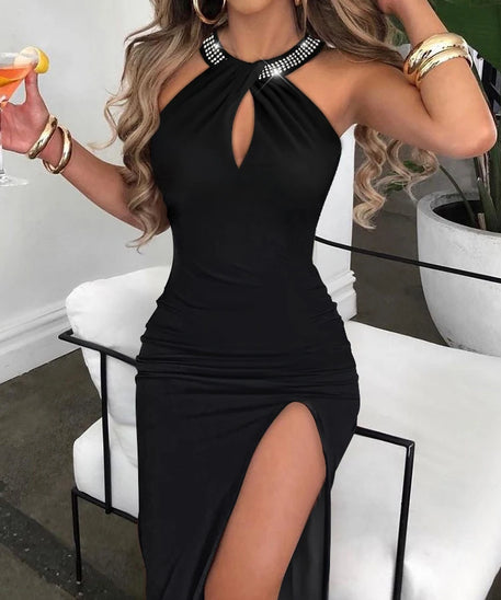 Women Elegant Spring High Split Party Dress 2025 Office Lady V Neck Slim Mid Dress Femme Sleeveless Summer Casual Dress Vestidos