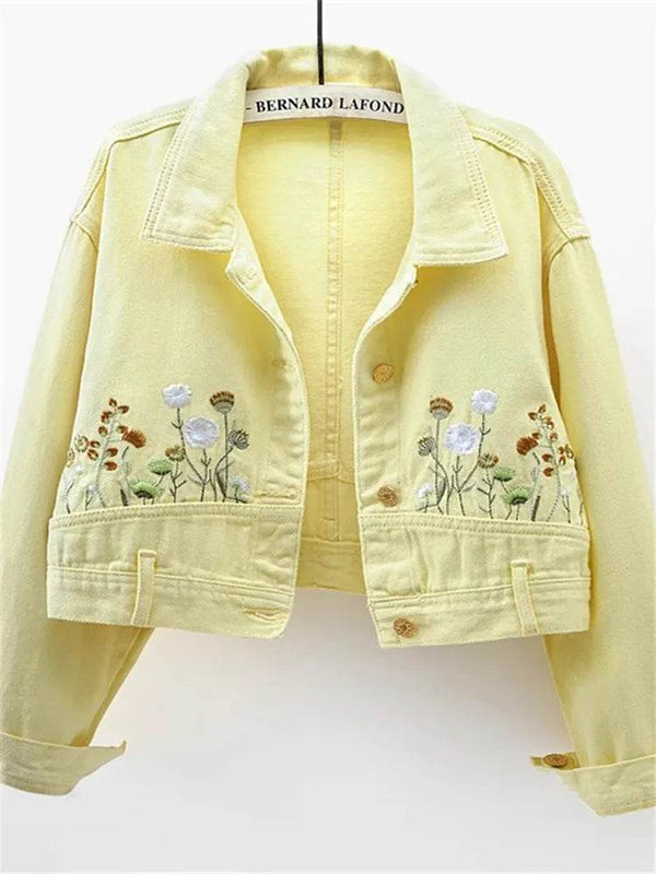 Chic Floral Embroidery Crop Denim Coats Women Lapel Long Sleeve Single Breasted Jeans Jacket Vintage Streetwear Female Outerwear - MHMote