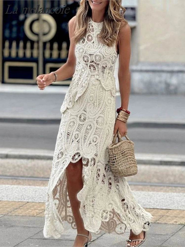Crochet Knitted Irregular Top & Skirts Set Woman 2024 Summer New Sexy Sleeveless Tank Top High Waist Skirts Elegant Chic Outfit - MHMote