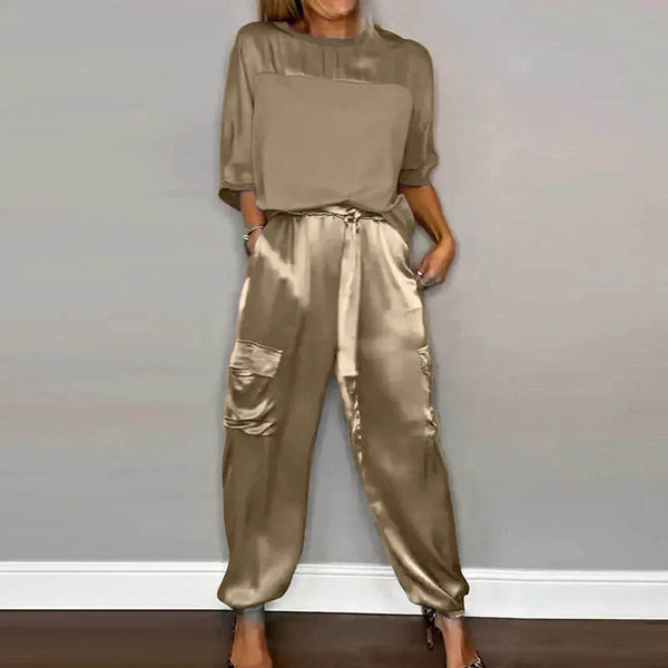 2 Piece Sets Women Outfit Women Smooth Satin Half Sleeve Top And Pants Set Women Casual Summer Satin Pajama Ensembles Pantalons - MHMote