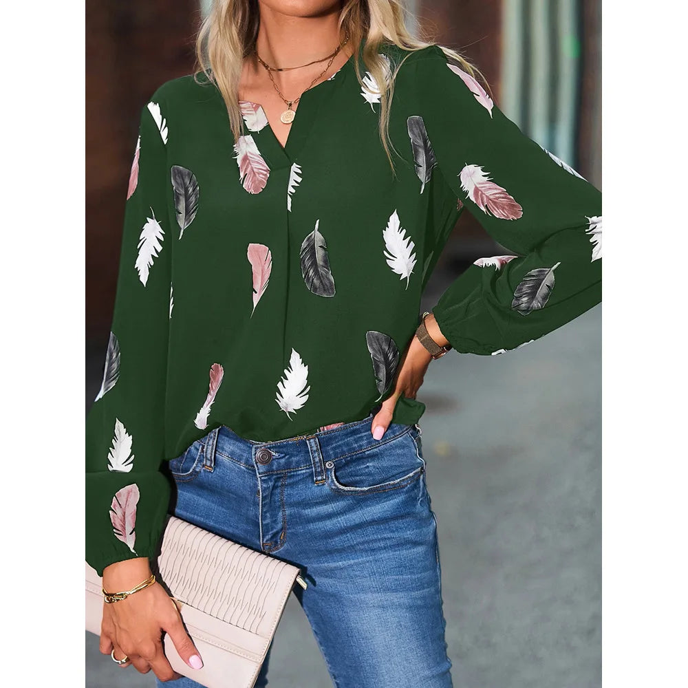 Mote kvinne bluse skjorter for kvinner Stilig topp langermet fjærmønster kvinnelige topper Elegante Chiffon Mujer kvinneklær