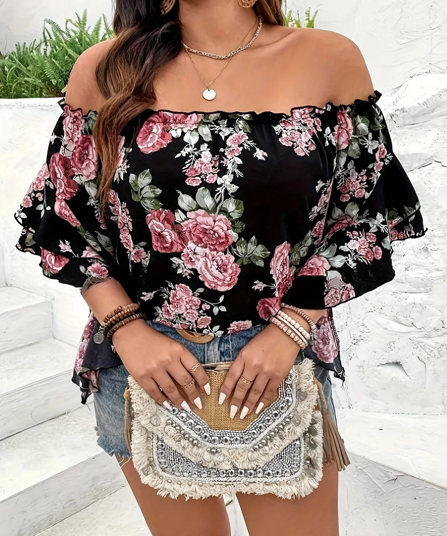 Plus Size Summer Women Elegant Chiffon Shirt Floral Print Off the Shoulder Tops Ruffle Sleeve Curve Clothing