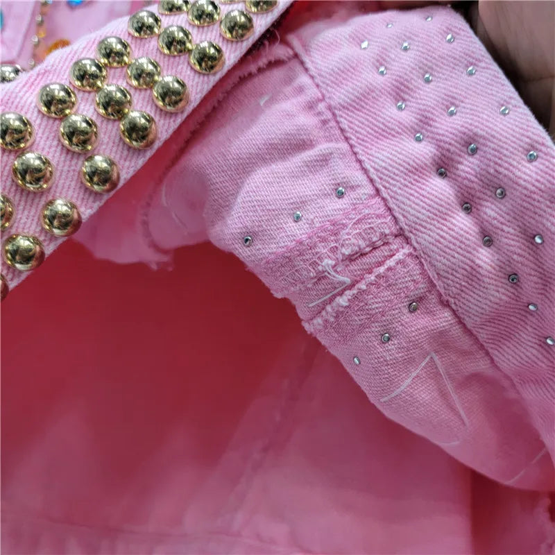 Kvinner Regnbuediamanter Perlerrosa denimfrakk Løs Rhinestones Jeans Jakke Langermet Crystal Cowboy Cardigan Nagler Topper