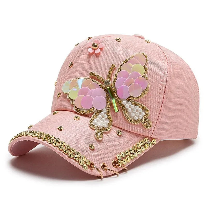 Paljett baseballcaps for kvinner Sommerfugl Kpop skinnende toppede capser sommer netting Justerbar utendørs reise solkrem solhatt kvinne